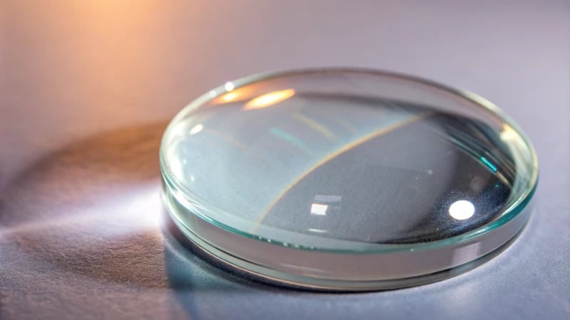 Close-up of a polished optical lens with anti-reflective coating