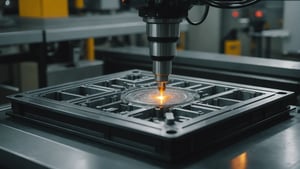 Close-up of a polycarbonate injection molding process with machinery and glowing molten polycarbonate.