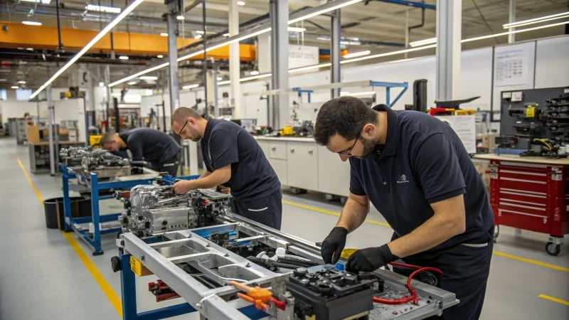 Workers assembling mechanical components in a bright workshop