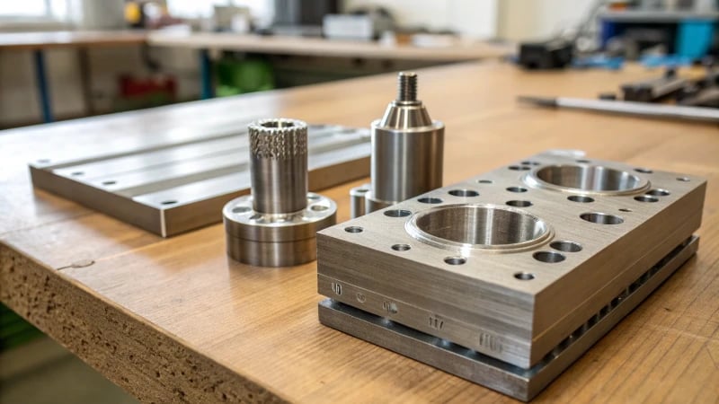 Close-up of precision-engineered mold parts on a workbench