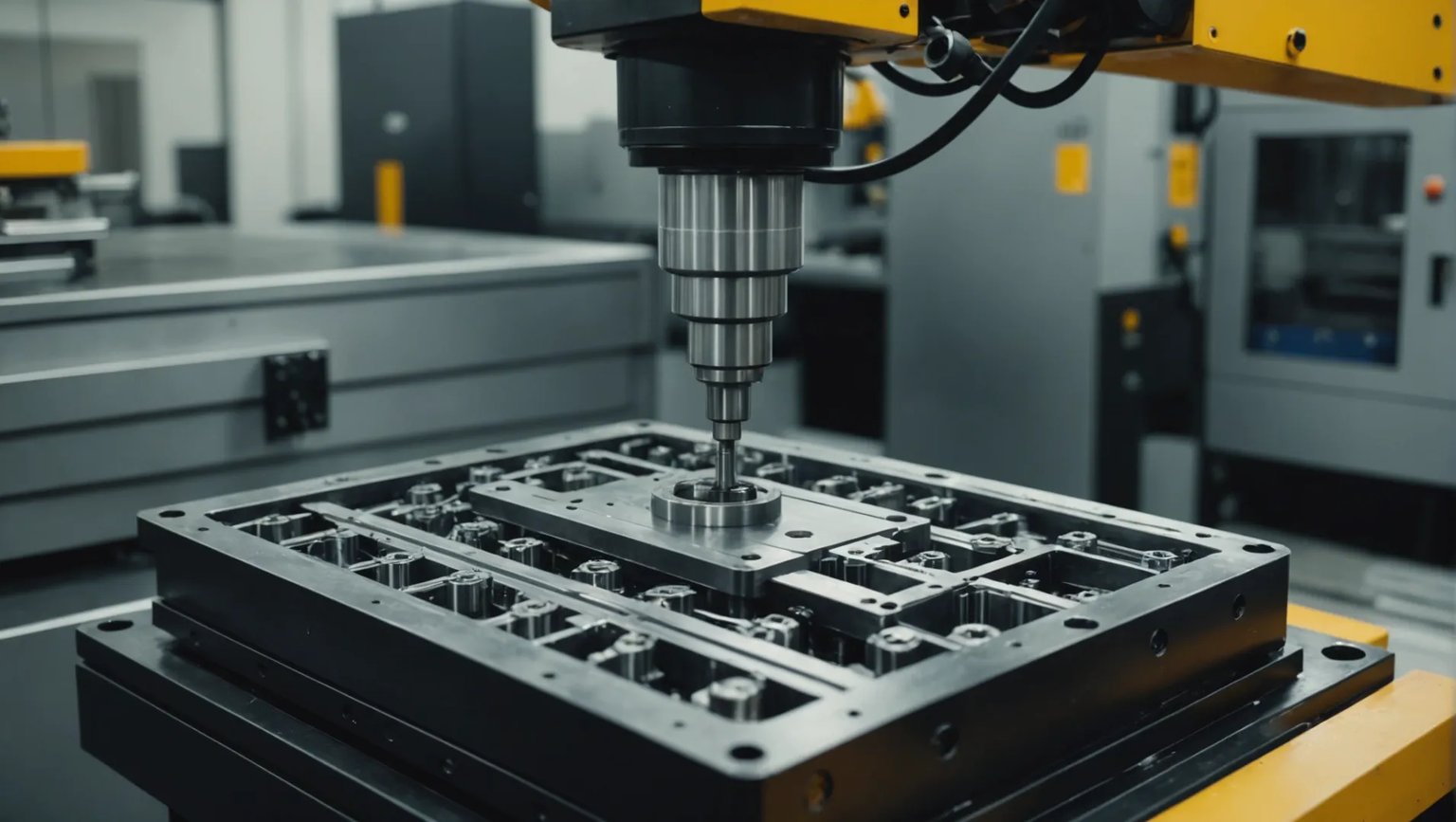 Precision injection molding machine with mold and product being demolded