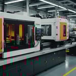 Precision injection molding machine in operation with plastic parts