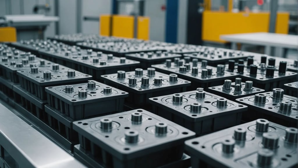 Close-up of precision injection molds in a manufacturing setting