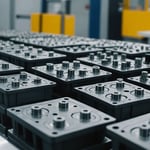 Close-up of precision injection molds in a manufacturing setting