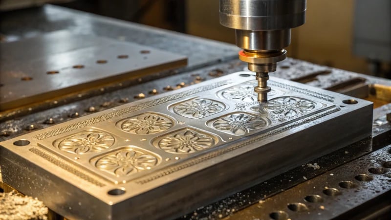 Close-up of a precision manufacturing mold with intricate details