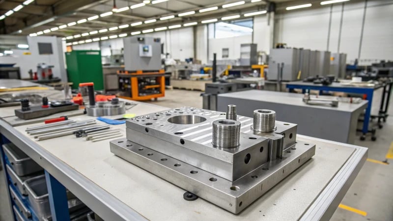 A precision mold on a workbench in a manufacturing facility