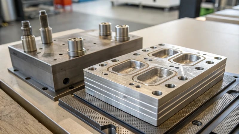 Close-up of precision molds made from M300 and SM45 steel