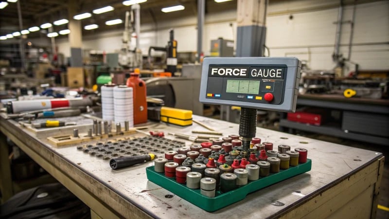 A variety of products on a workbench in a manufacturing facility with a digital force gauge.