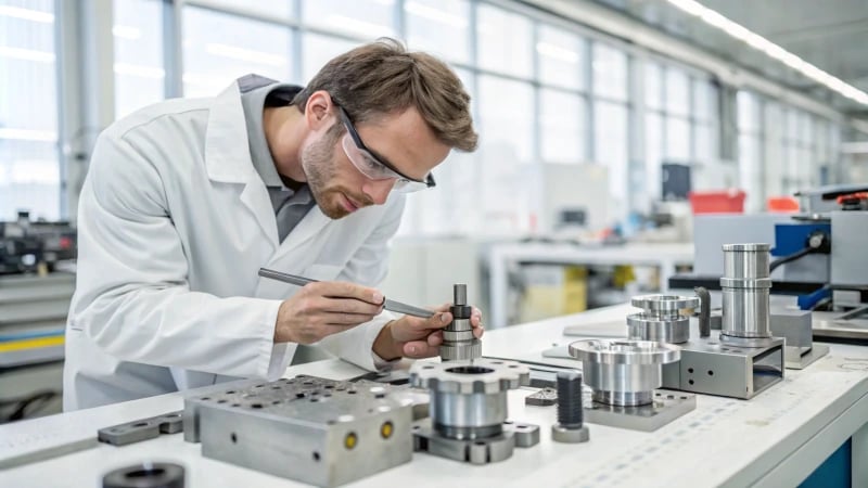 An engineer measuring a tool in a workshop