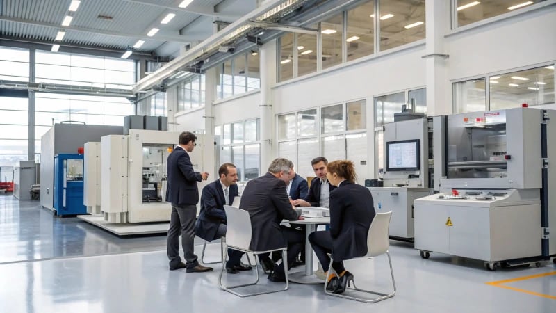 Diverse individuals in business attire discussing in a mold manufacturing facility