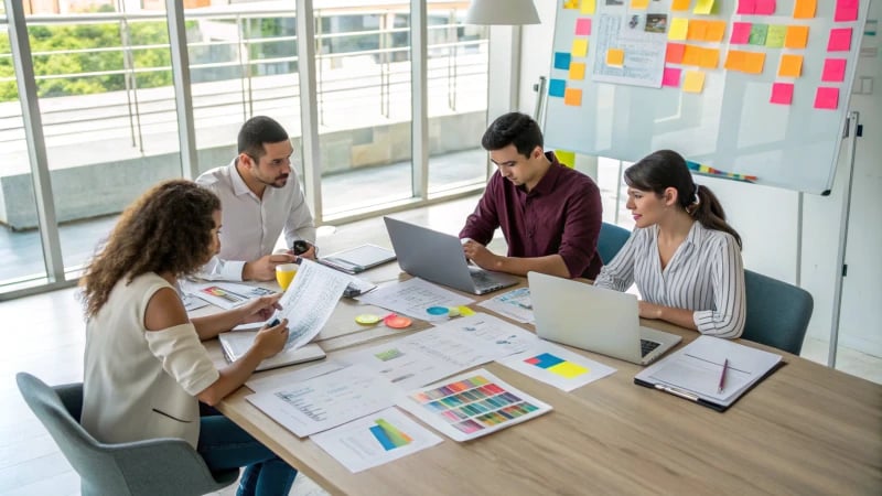 A diverse team of four professionals in a meeting room discussing strategies.