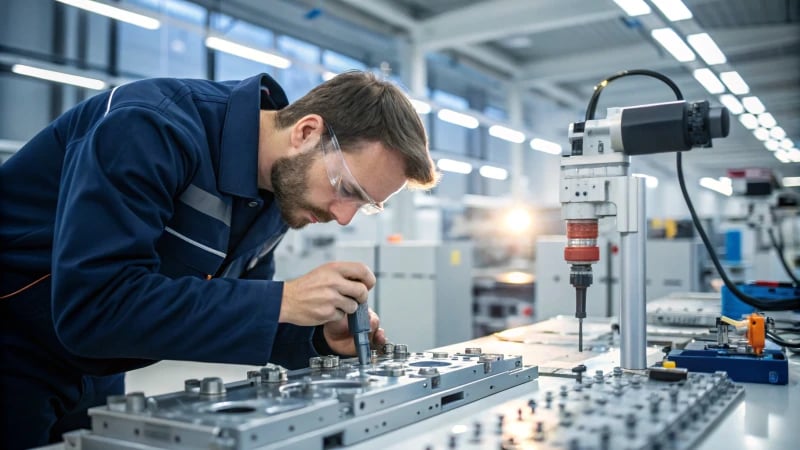 A technician assembling mechanical parts in a modern facility