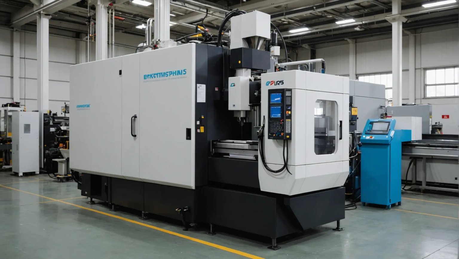 Injection molding machine with polystyrene material being processed