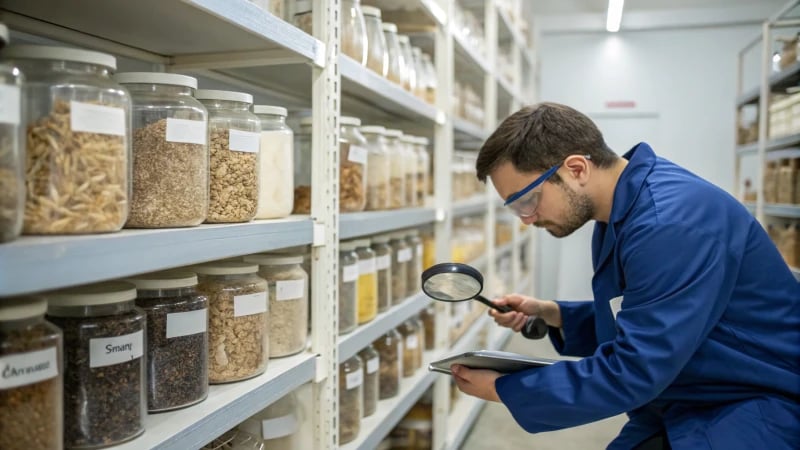 A quality control inspector examining raw materials in a manufacturing facility
