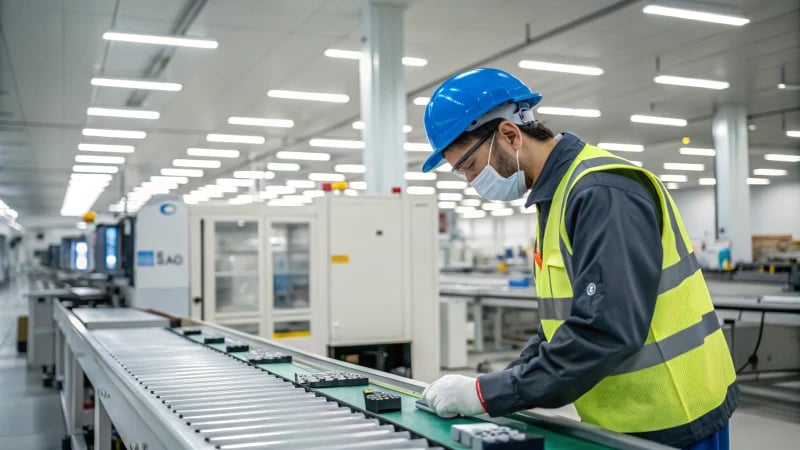 A quality control technician inspecting products on a conveyor belt