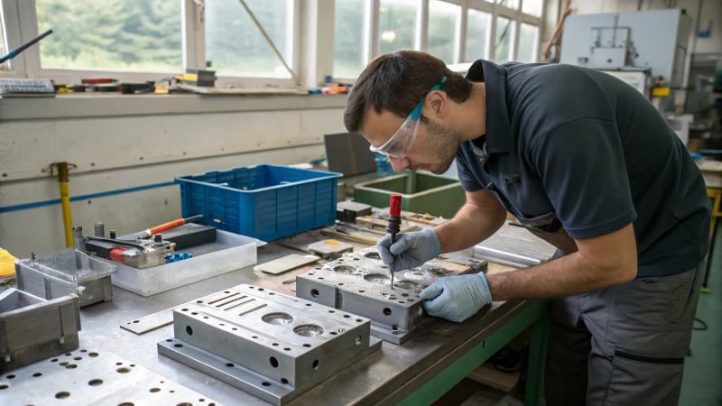 Engineer Inspecting Injection Mold An engineer inspecting a plastic injection mold in a workshop.