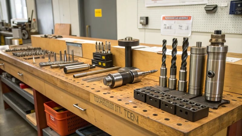 A well-equipped workshop with tools and metal samples on a workbench.