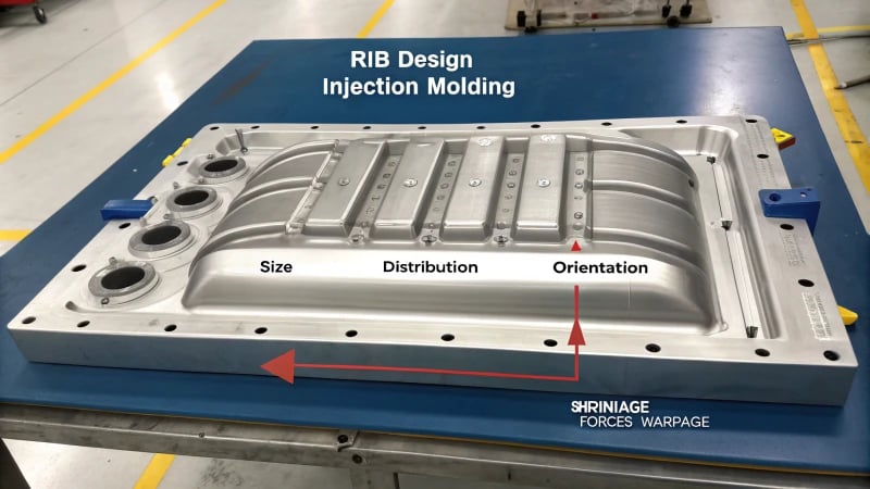 Technical diagram of rib design in injection molding with labeled sections and annotations