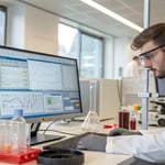 Scientist studying data on computer in laboratory