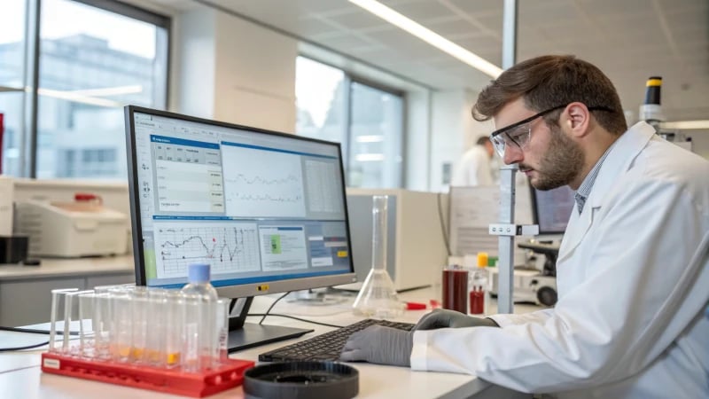 Scientist studying data on computer in laboratory