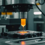 Close-up of injection molding machine with molten plastic being injected into a mold