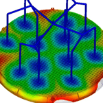 3D visualization of a circular base with grid pattern and color gradient representation for scientific data analysis