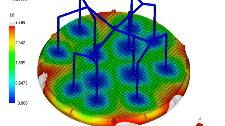 3D visualization of a circular base with grid pattern and color gradient representation for scientific data analysis