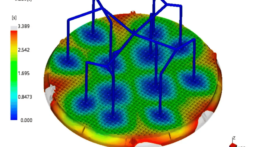 Diagram showing the relationship between material viscosity and injection pressure in injection molding