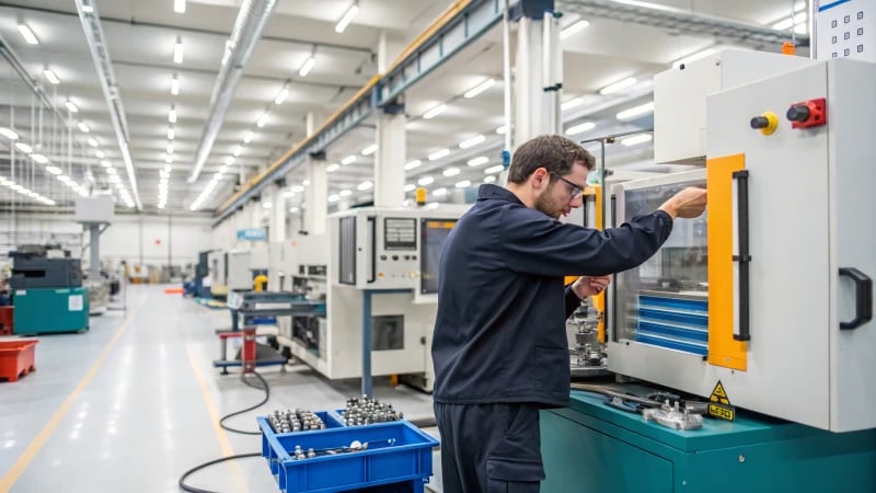 Technician adjusting settings on injection molding machine