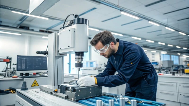 A technician calibrating a machine in a manufacturing facility
