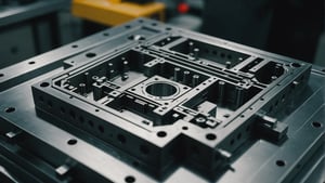 Close-up of a standardized injection mold with detailed structural elements