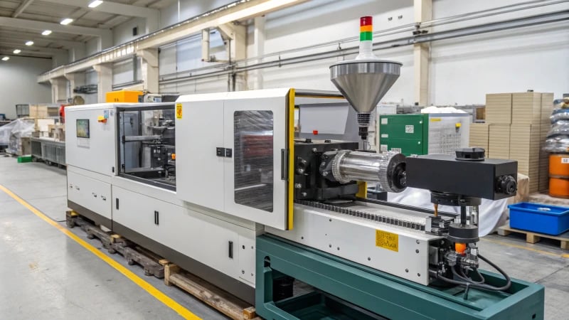 Close-up of an industrial injection molding machine injecting molten plastic into a mold