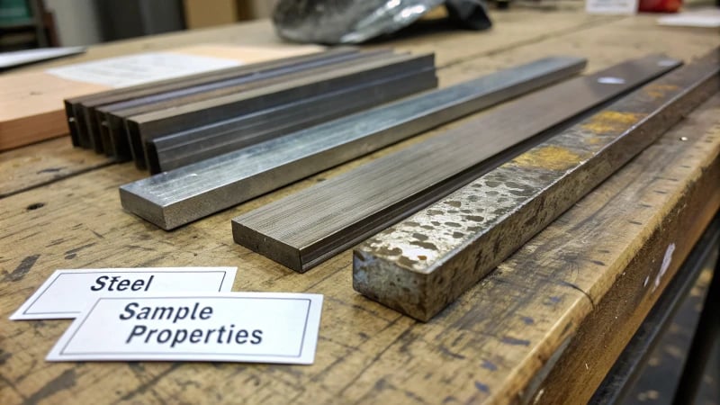 Close-up of assorted steel samples on a wooden workbench