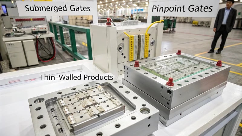 Illustration of submerged and pin-point gates in injection molding