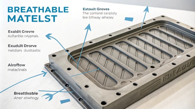 Technical diagram of a mold for exhaust gas design with labeled enhancements