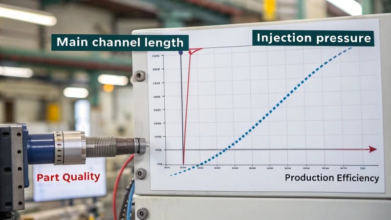 Technical diagram showing the relationship between main channel length and injection pressure in injection molding