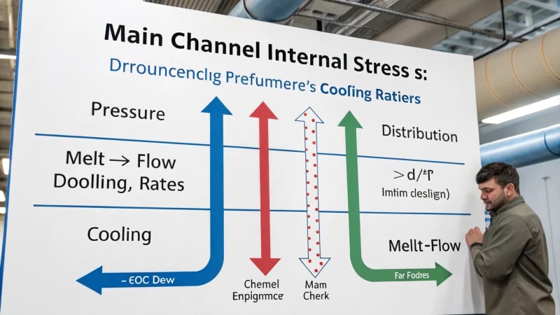 Technical diagram illustrating the influence of main channel length on internal stress