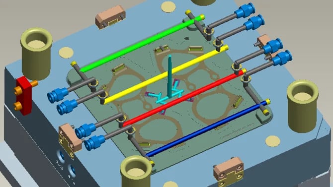 Technical illustration of a mold cooling system with labeled components