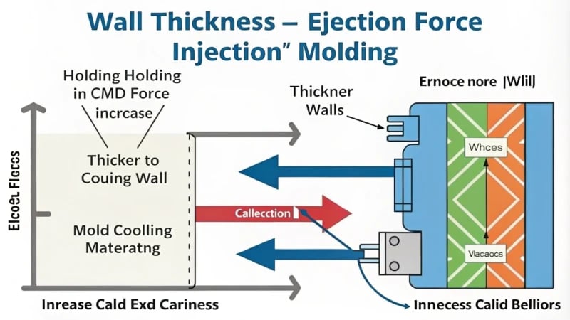 Technical diagram illustrating wall thickness and ejection force in injection molding