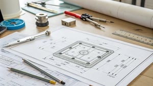 A technical drawing of a mold design on a drafting table