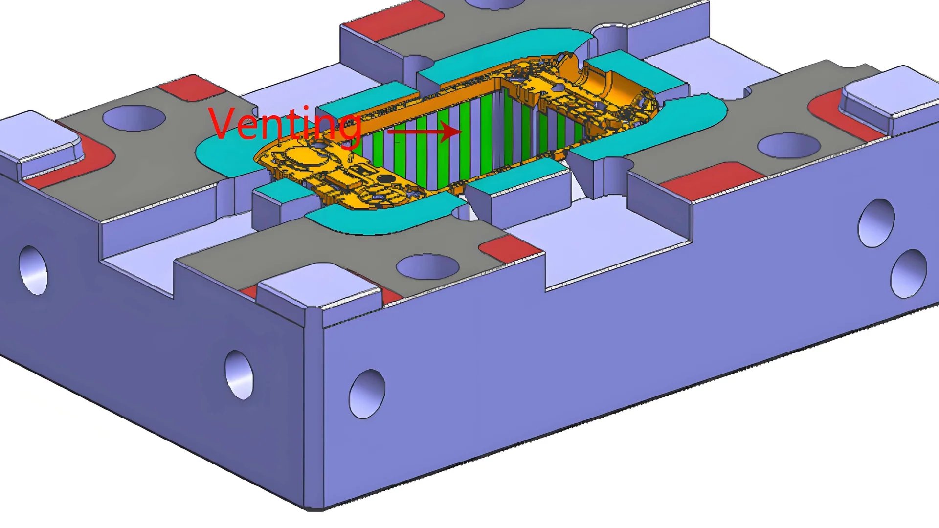 Close-up view of an injection mold with strategically placed exhaust grooves