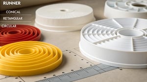 Technical illustration of various runner designs in a mold