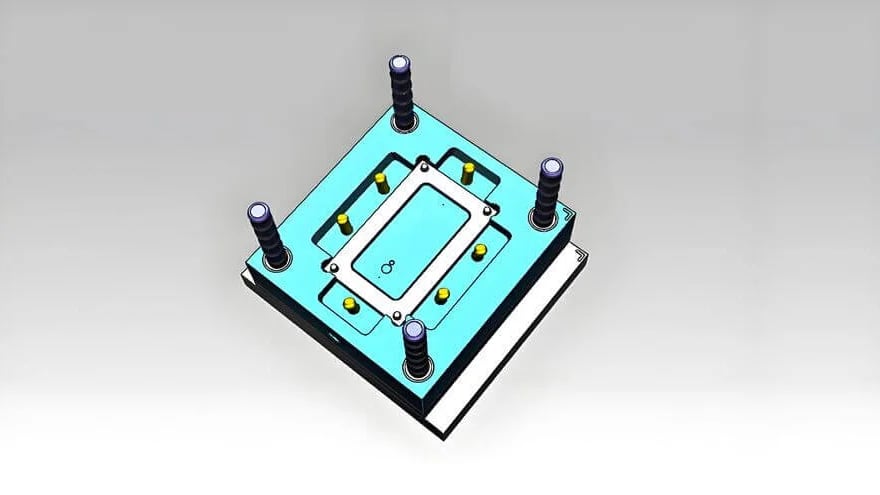 Technical illustration of a mold component with a blue base plate and mounting holes.