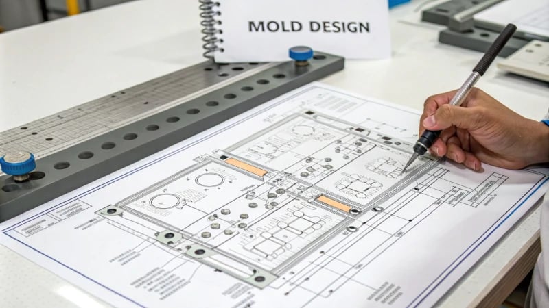 Technical drawing of a mold design with measurements