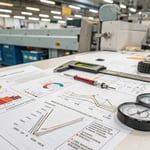 A detailed technical workspace with charts and tools related to injection molding