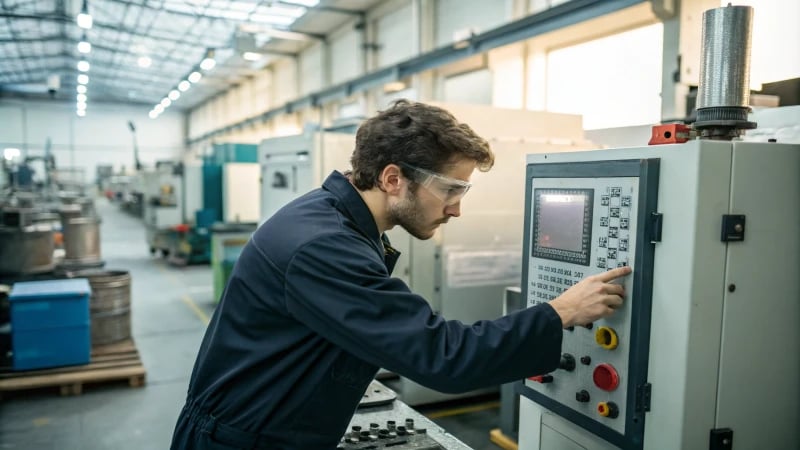 Technician adjusting control panel of an injection molding machine in a busy facility