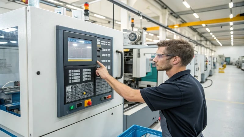 A technician adjusting an injection molding machine in a manufacturing facility.