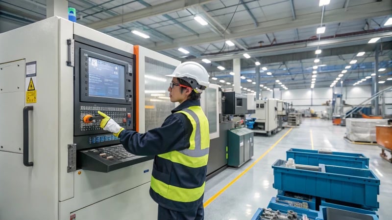 A technician adjusting a digital control panel on an injection molding machine.