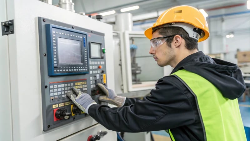 Technician adjusting settings on an injection molding machine in a workshop