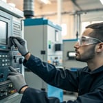 A technician adjusting a high-tech plastic injection molding machine in a modern facility